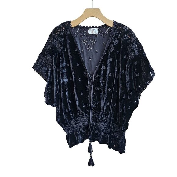 Jade Johnny Was Silk Blend Velvet Embroidered Top With Tassel Tie, Size Small - Picture 1 of 11